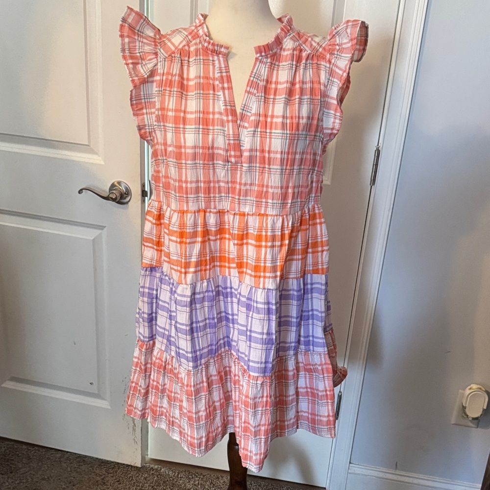Umgee Coral, Orange & Lavender Plaid Tiered Dress with Ruffle Sleeves